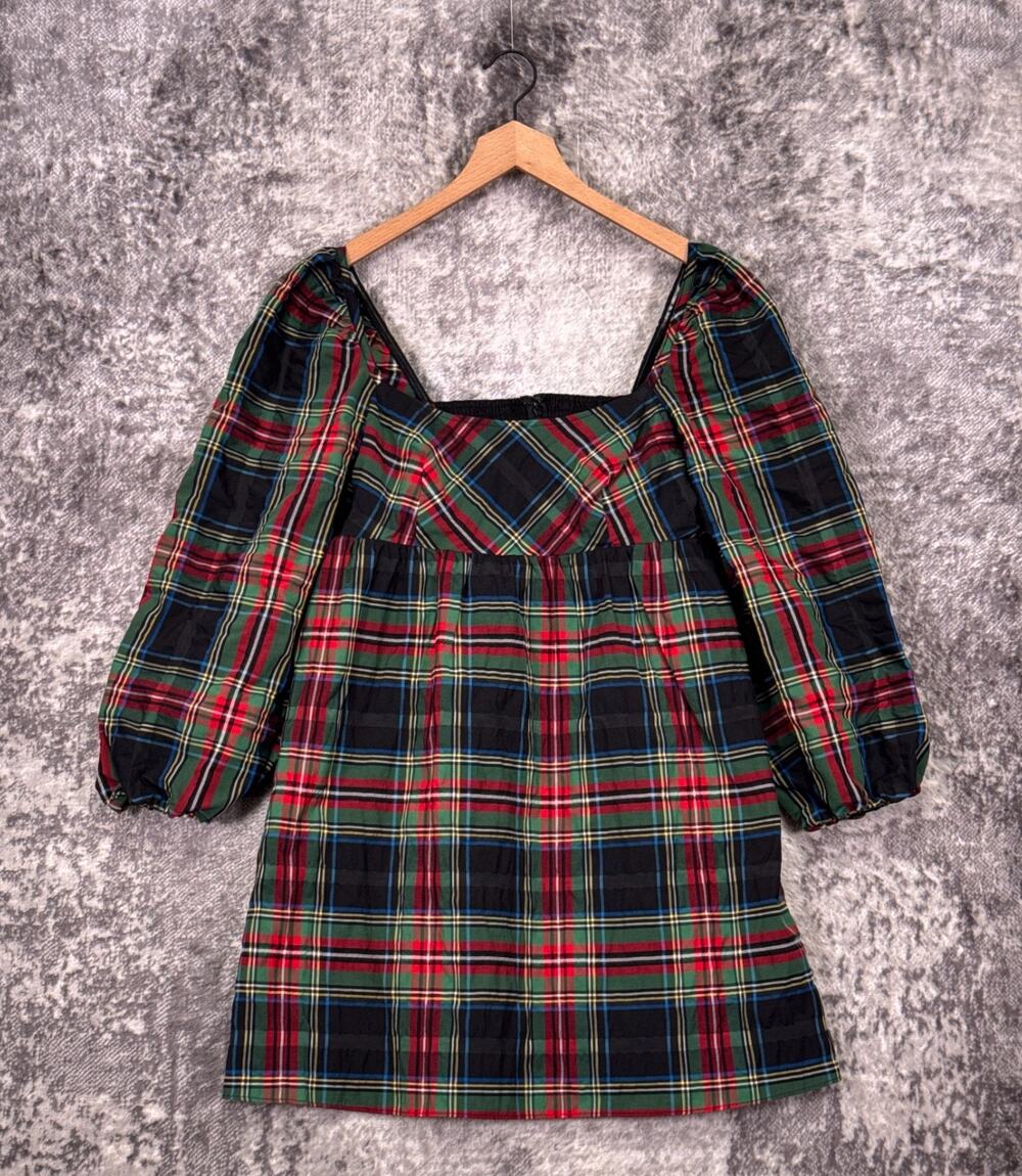 J Crew Dress 10 Womens Puff Sleeve Mini Stewart Tartan Plaid Pocketed